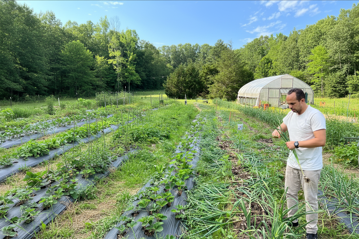 Man working in a garden holding a plant, with greenery and a clear sky in the background.